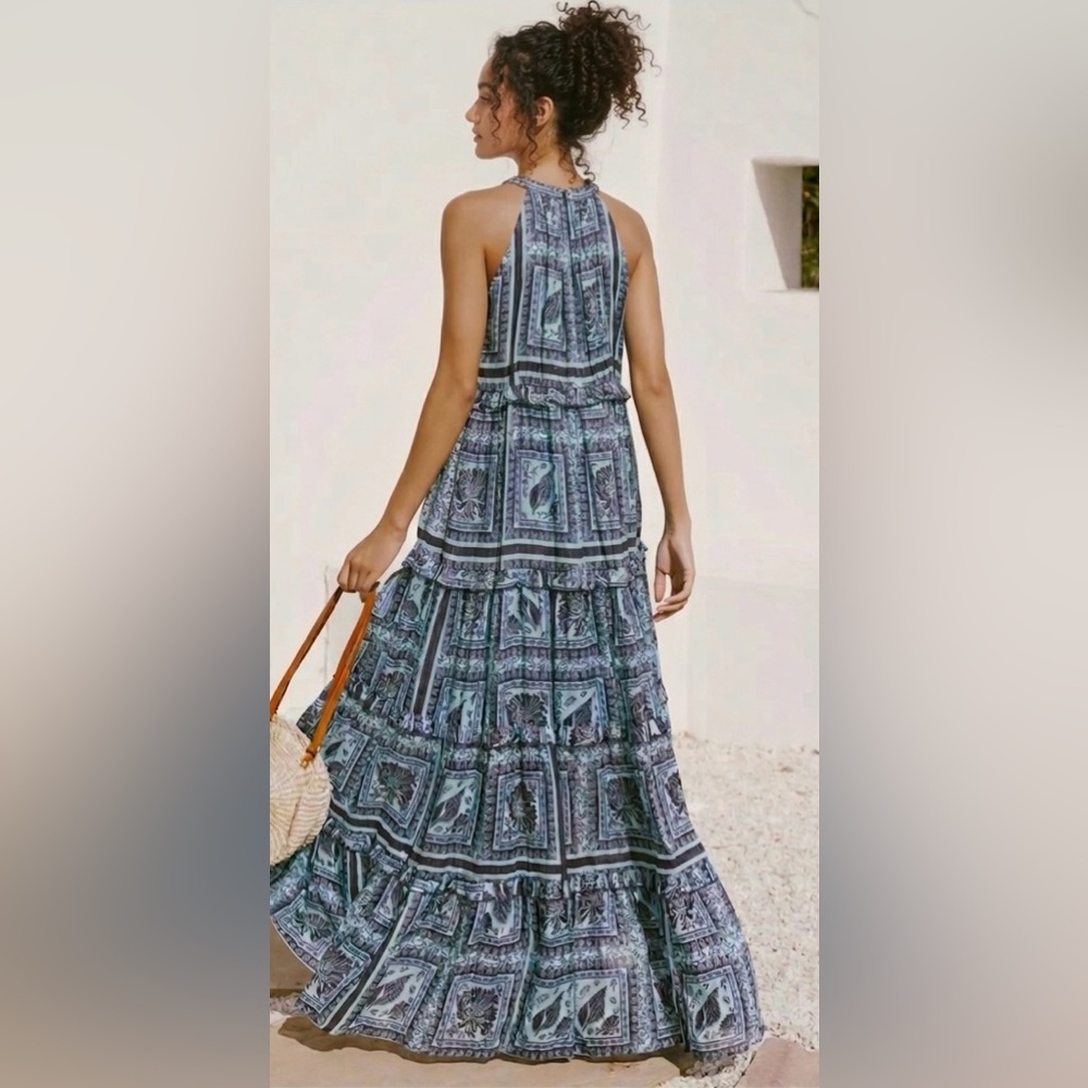PQ Swim Halter Tiered Maxi Dress Blue Boho Metallic Lurex M/L NWOT - Picture 2 of 11